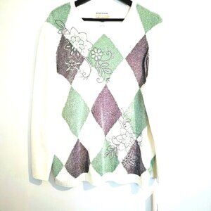 Alfred Dunner 1X Lake Geneva Cream Diamond Design Print Scoop Neck Knit Sweater